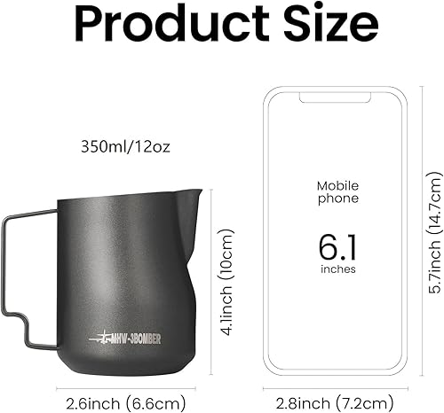 Miniatura 3 de MHW-3BOMBER Jarra de leche espresso espumosa al vapor 12 oz118fl oz Turbo 304 de acero inoxidable con boquilla de águila para barista arte latte