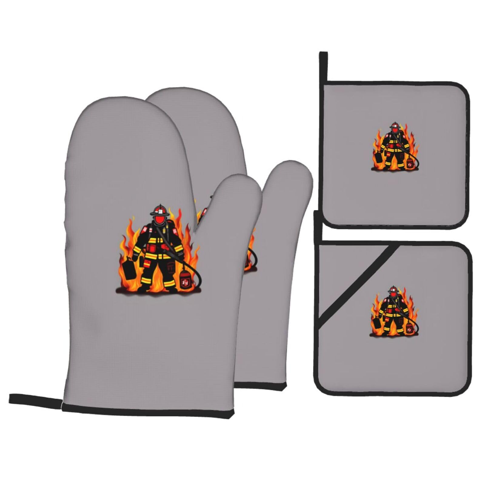 Firefighter Fireman Print 4-Piece Heat-Resistant Oven Waterproof Kitchen Gloves Cooking Roasting Essential