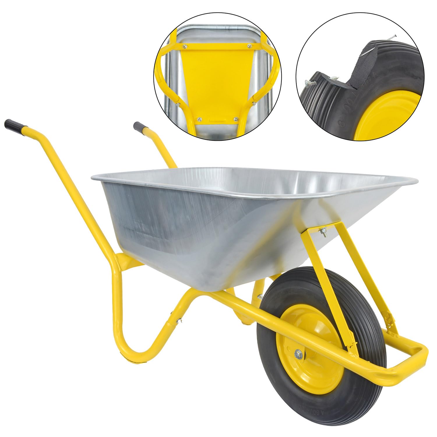 Matrix Schubkarre Profi 100l Liter 250 kg mit zusätzlichem Bodenblech pannensichers PU-Rad Schubkarren groß Garten Scheibtruhe Bauschubkarre | Mulde verzinkt | Metall Felge mit Kugellager | Farbe gelb