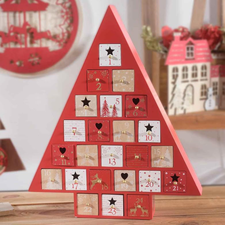 Gruppo Maruccia - Calendario dell’Avvento Natalizio - In Legno a Forma di Albero - Con 24 Cassettini Numerati Decorati - Da Appendere o Da Appoggiare - Per Regali Fai da Te e Decorazioni di Natale