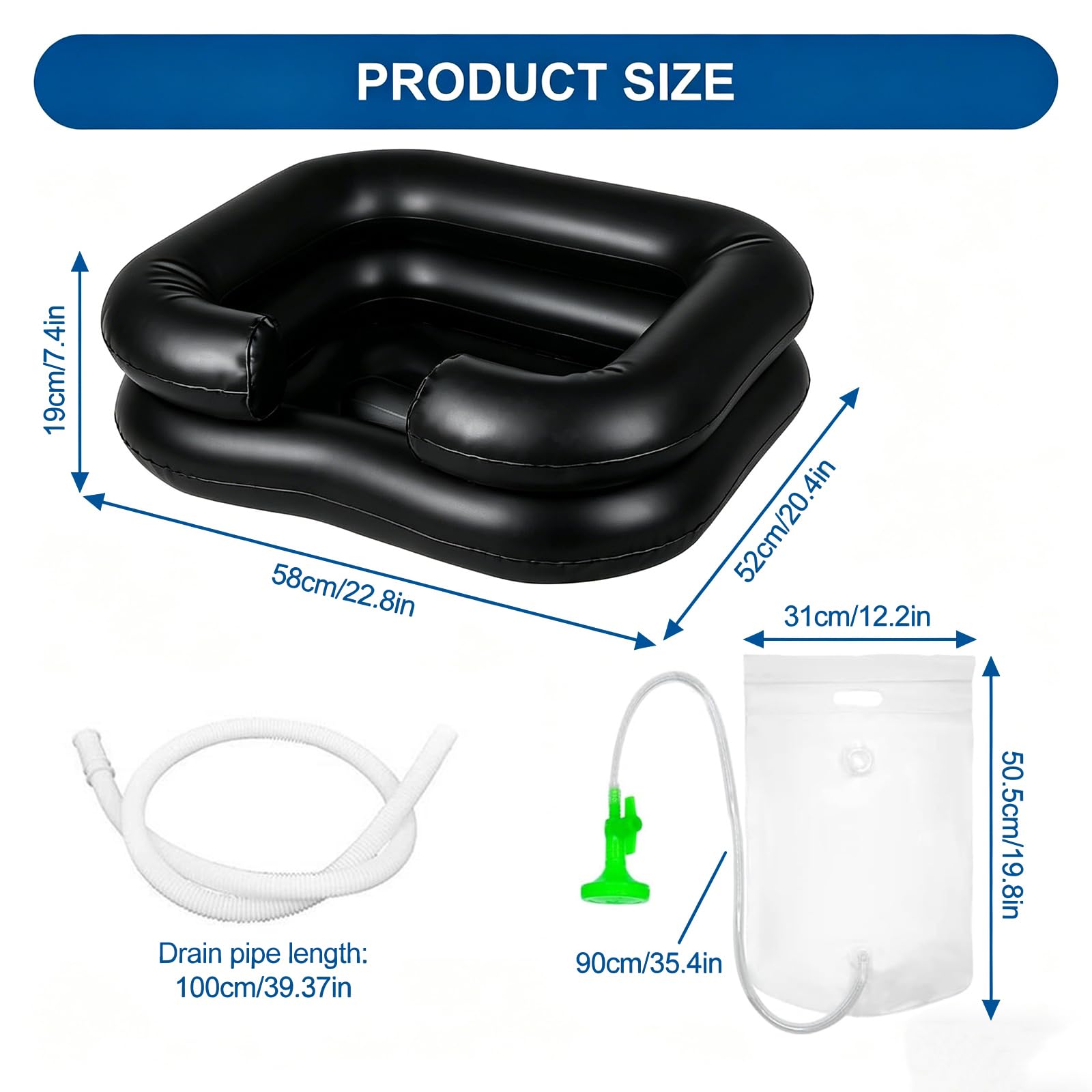 Lavacabezas Inflable de PVC Negro, Lavabo de Champú Portátil con Tubo de Desagüe 1 m, Cabezal de Ducha y Bolsa de Agua, Lavado de Cabello en Cama para Mayores, Embarazadas y Discapacitados