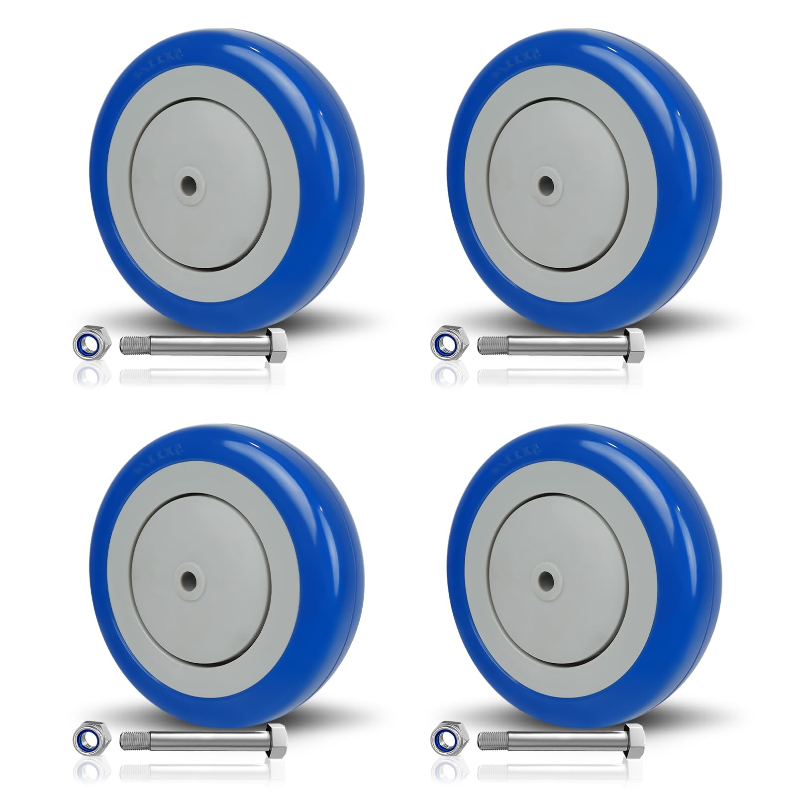 SY America - Kit di 4 ruote di ricambio per carrello della spesa da 12,7 cm, doppi cuscinetti di precisione, in poliuretano, capacità di carico 635 kg (foro da 5/16", blu)