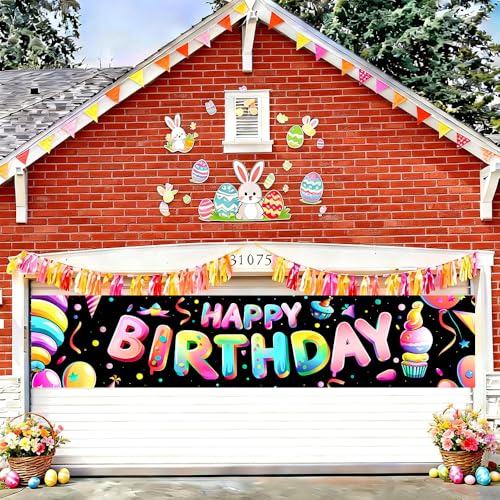 Image of Colorful Happy Birthday Banner 78.7 x 17.7 Inch Rainbow Letters with Party Balloons and Confetti Design Celebration Decoration for Kids Adults Home Yard Garden or Indoor Wall Display
