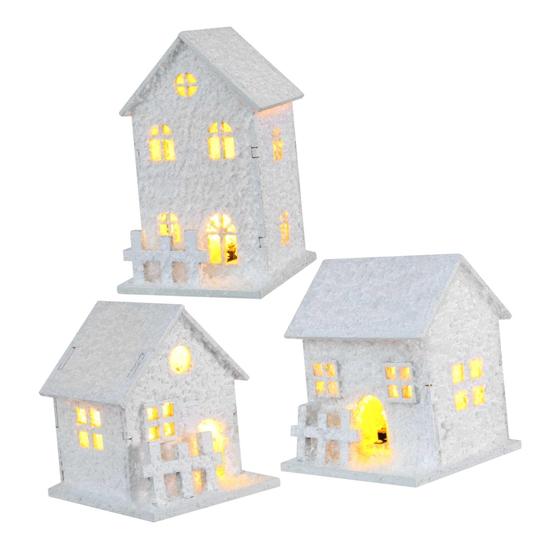 Casitas de madera navideñas LED TOYZFRIENDY de diseño con copos, adorno luminoso para el hogar