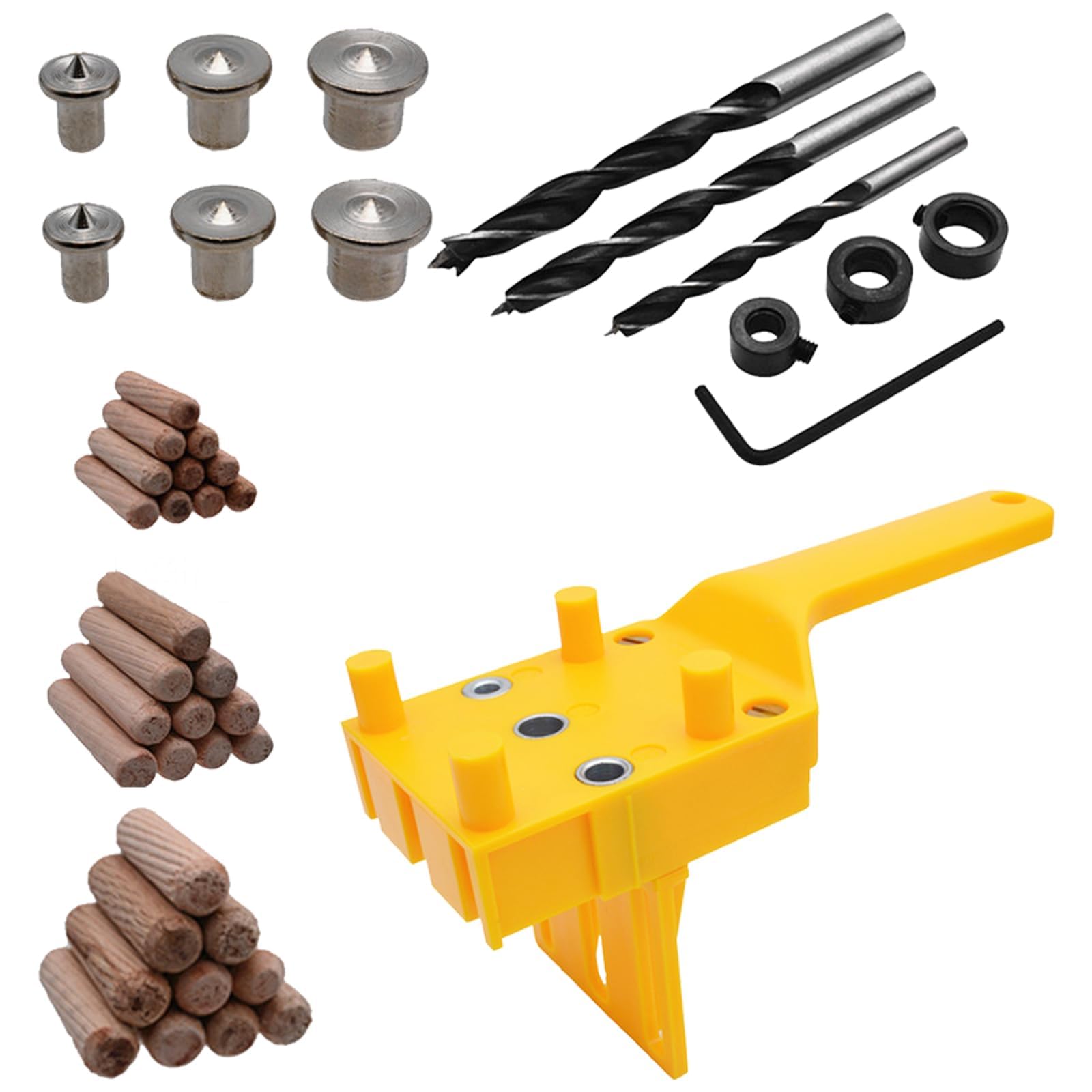 44 Pcs Wood Dowel Jig Kit, 6/8/10mm Dowelling Drill Guide Set with Metal Sleeve, Handheld Dowelling Jig & Drill Bit Set for Woodworking, Hole Saw Tools