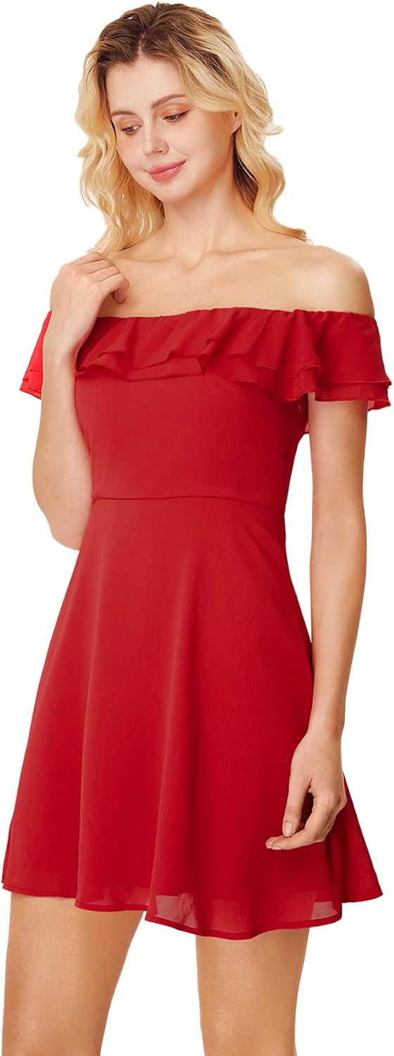 WDIRARA Women's Off The Shoulder Short Sleeve High Waist Ruffle Hem Aline Dress - Image 3