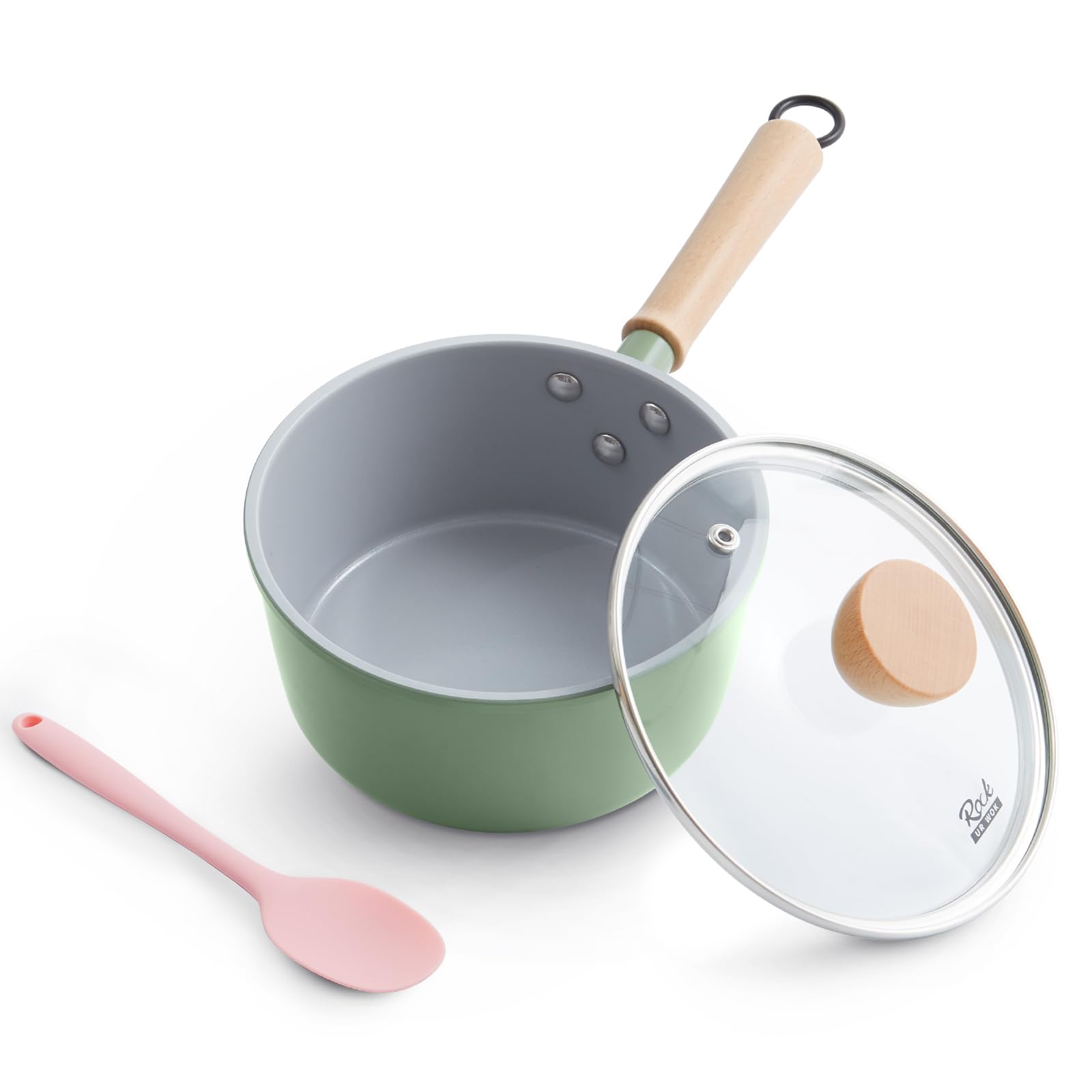 ROCKURWOK Ceramic Nonstick Sauce Pan, 2 Quart Cooking Pot, Small Saucepan with Lid, PTFE & PFAS-Free, Wooden Handle for Cool Touch, Universal Base(Gas, Electric & Induction), Green