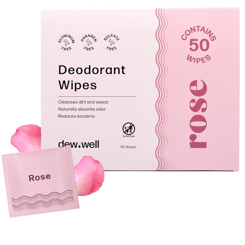 Lenços desodorantes Dew Well de uso individual com fragrância de rosa, sem alumínio, pacote com 50 unidades
