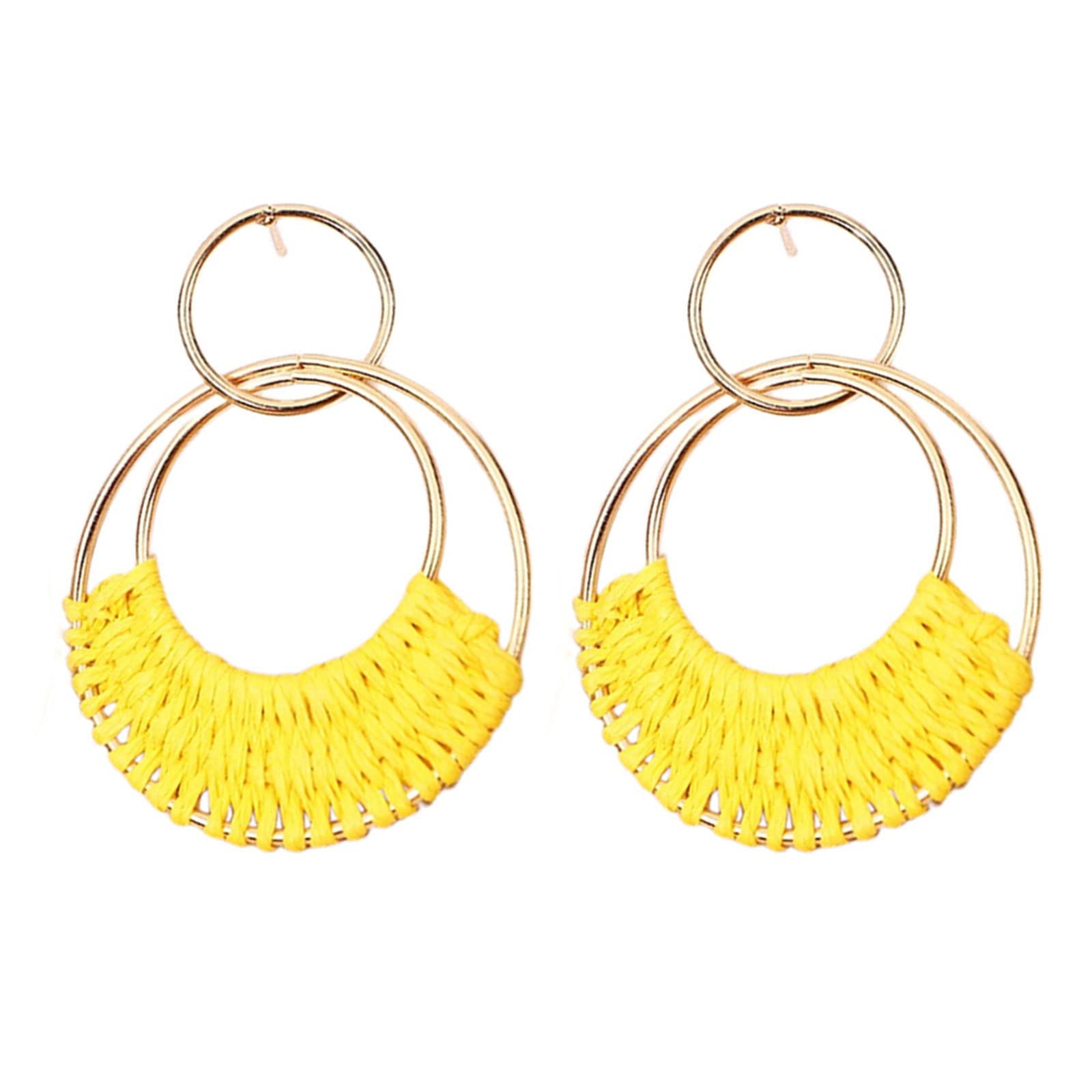 Bohemian Rattan Raffia Geometric Round Drop Dangle Earring for Women Mother Handmade Ethnic Boho Braide Straw Wicker Statement Earring Summer Beach Vacation Jewelry Gift