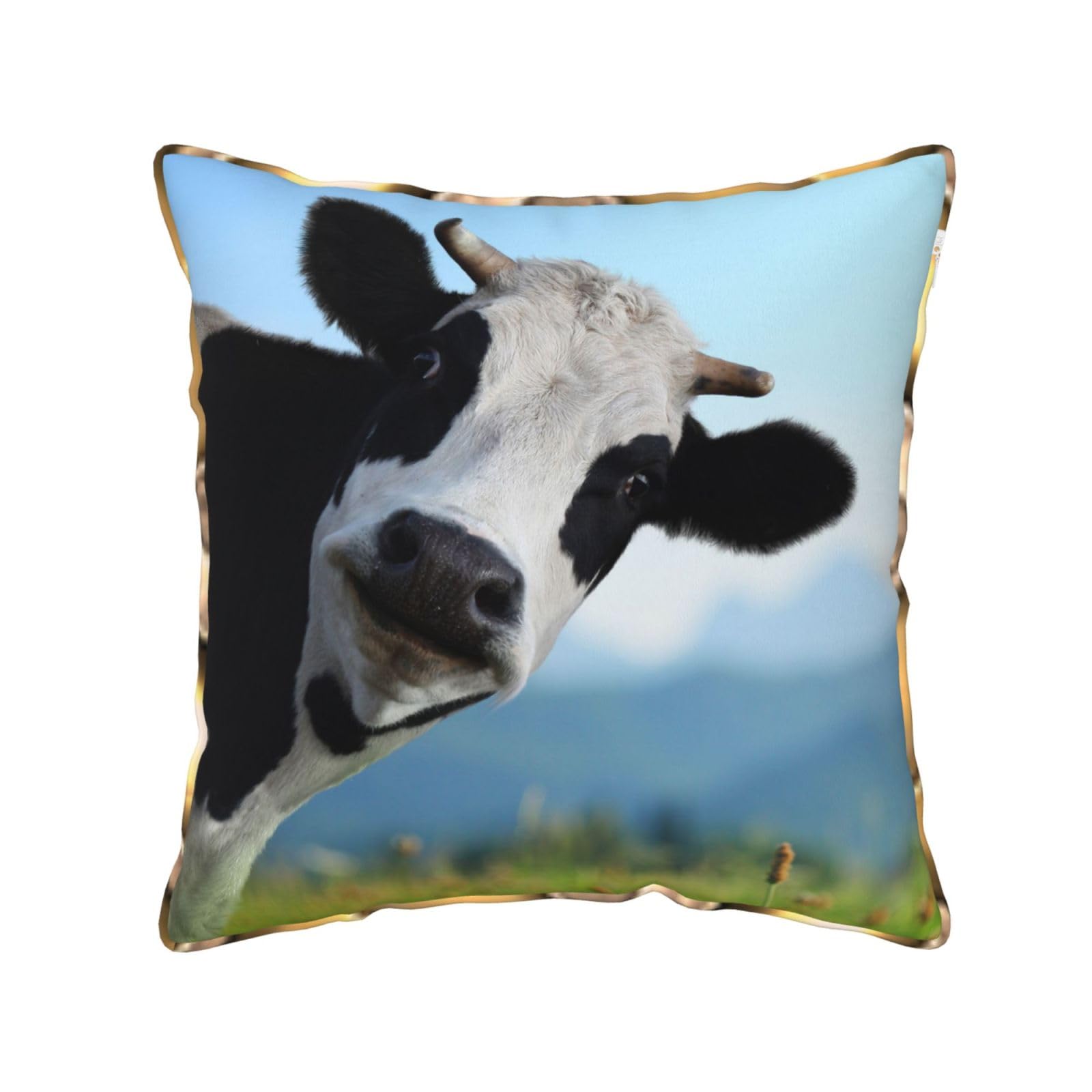 AUBKFELD Cute Cow Printed Velvet Cushion Cover 50x50 CM with Gold Edging Strip, Square Pillowcase Soft Throw Pillow Covers Case Decorative for Living Room Sofa Couch Bed Bench