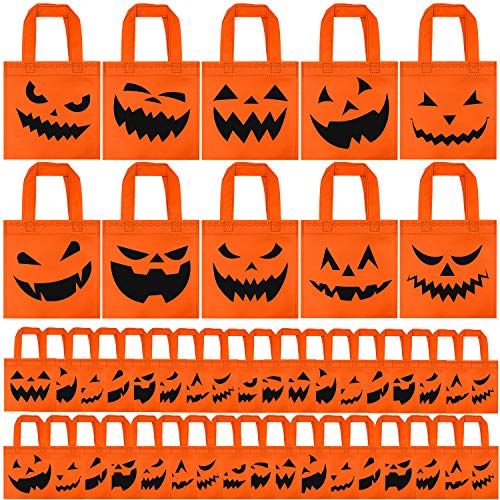 ELCOHO 40 Packs Halloween Non-Woven Bags Candy Bags Trick or Treat Goody Bags Pumpkin Bags with Handles for Party Favors, 8 by 8 Inches, 10 Styles