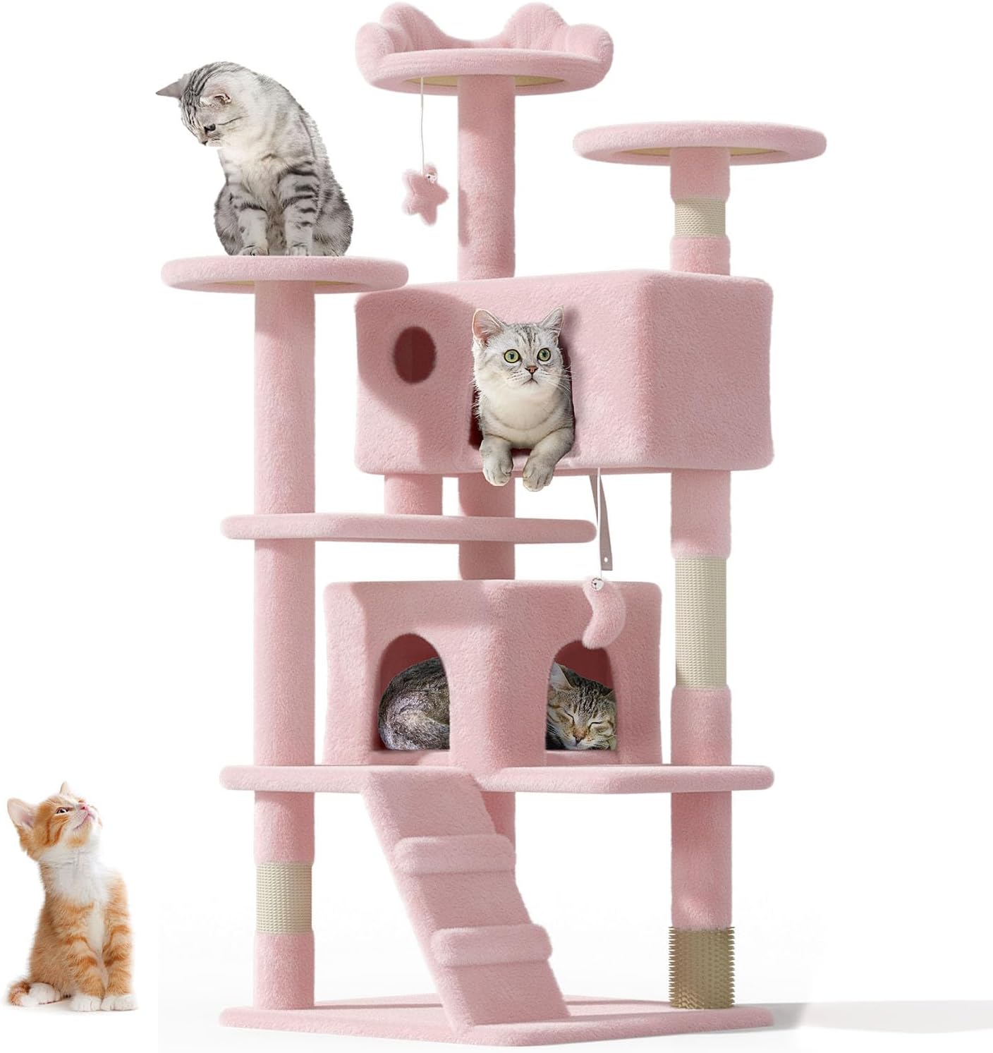 54″ Cat tree Tower for Indoor Cats Large Adult,Cute/Tall Modern Cat Tree for Big Cats 20 lbs,Plush Multi-Level Cat Condo with Scratching Posts, Dangling Ball for fun play (Soft Pink, 54 inch)