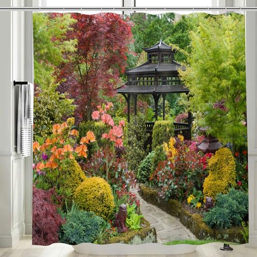 Vgzsyomqib 3D Floral Garden Shower Curtain Outdoor Fence Wet Room Waterproof Anti Mould Fabric Extra Wide 240 x 200 cm Picture Japanese Green Outside Scene Bathroom Curtains Set with Hooks
