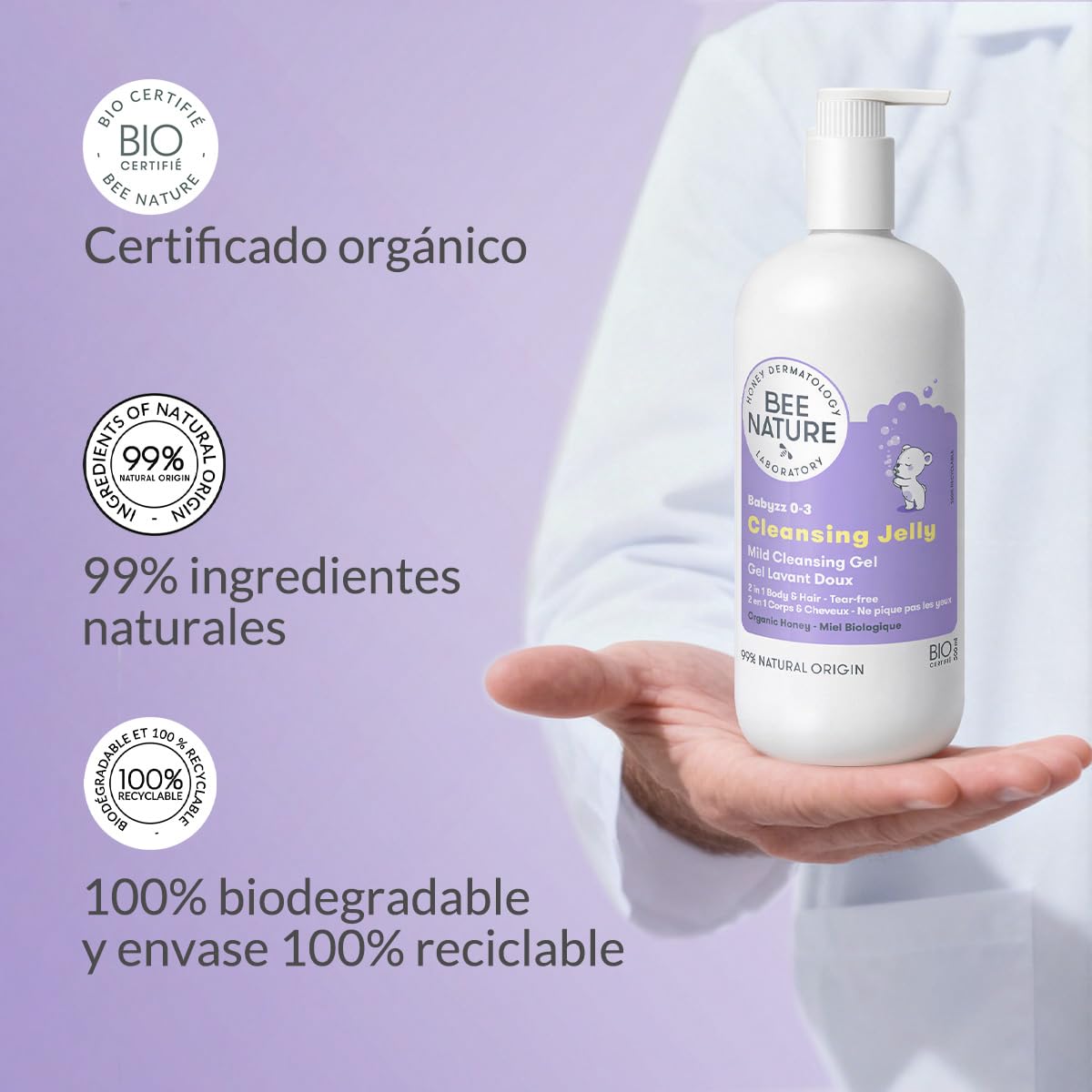 Bee Nature - 2 en 1 Gel de Ducha Suave para Bebé - Hidratante y Sin Lágrimas - Alivia el Eczema - Miel Médica Estéril Segura - Certificado Orgánico - 99% Natural - 500ml