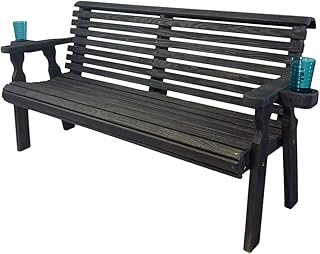 Amish Casual Heavy Duty Pressure Treated 4 Foot Outdoor Garden Bench with Cup Holders - Amish Crafted Roll Back Design in Black Stain, 700 Lb Weight Capacity