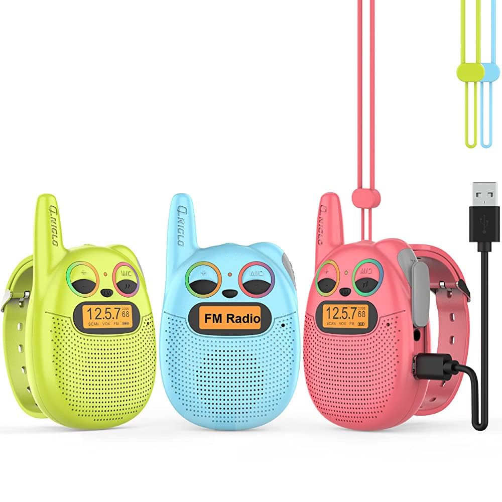 QNIGLO Q136 Walkie Talkie Niños Recargable USB,Radio FM 4Km Alcance 10 Tonos de Llamada,Montar en Bicicleta Acampar Correr,Cumpleaños Regalos para Chicas Chicos,Chulo Walkie con Radio (RojoVioleta) — view 14
