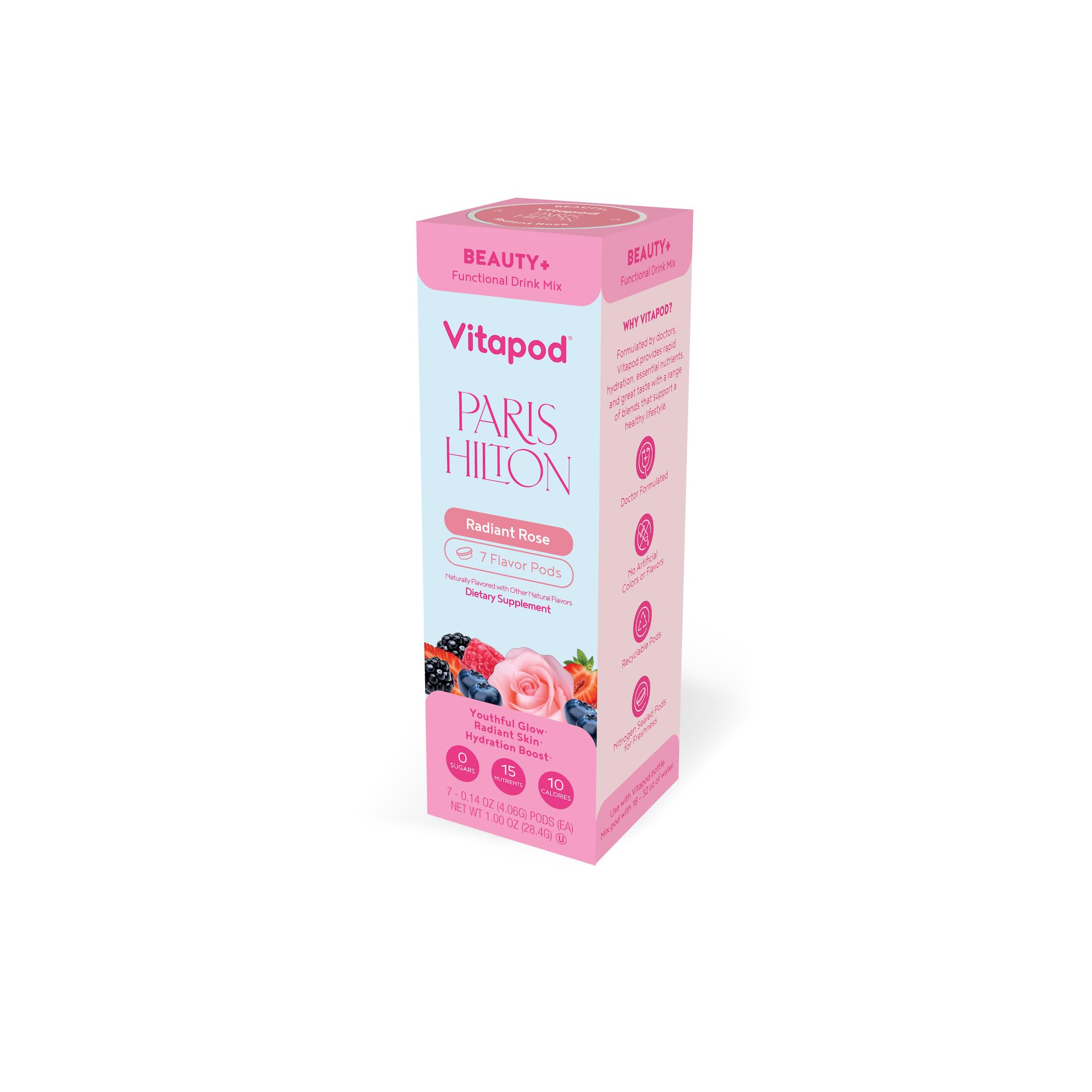 Vitapod Paris Hilton x Beauty Radiant Rose Functional Drink Mix 7 Pods Sugar-Free 10 Calories Collagen Biotin Zinc