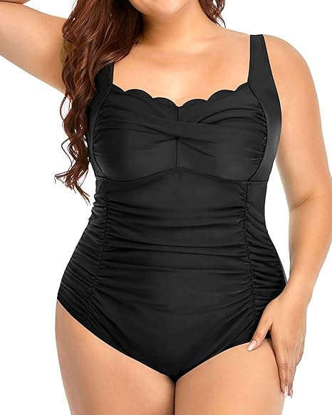 Aqua Eve Women Plus Size Swimsuits One Piece Tummy Control Bathing Suits Retro Scalloped Twist Front Swimwear