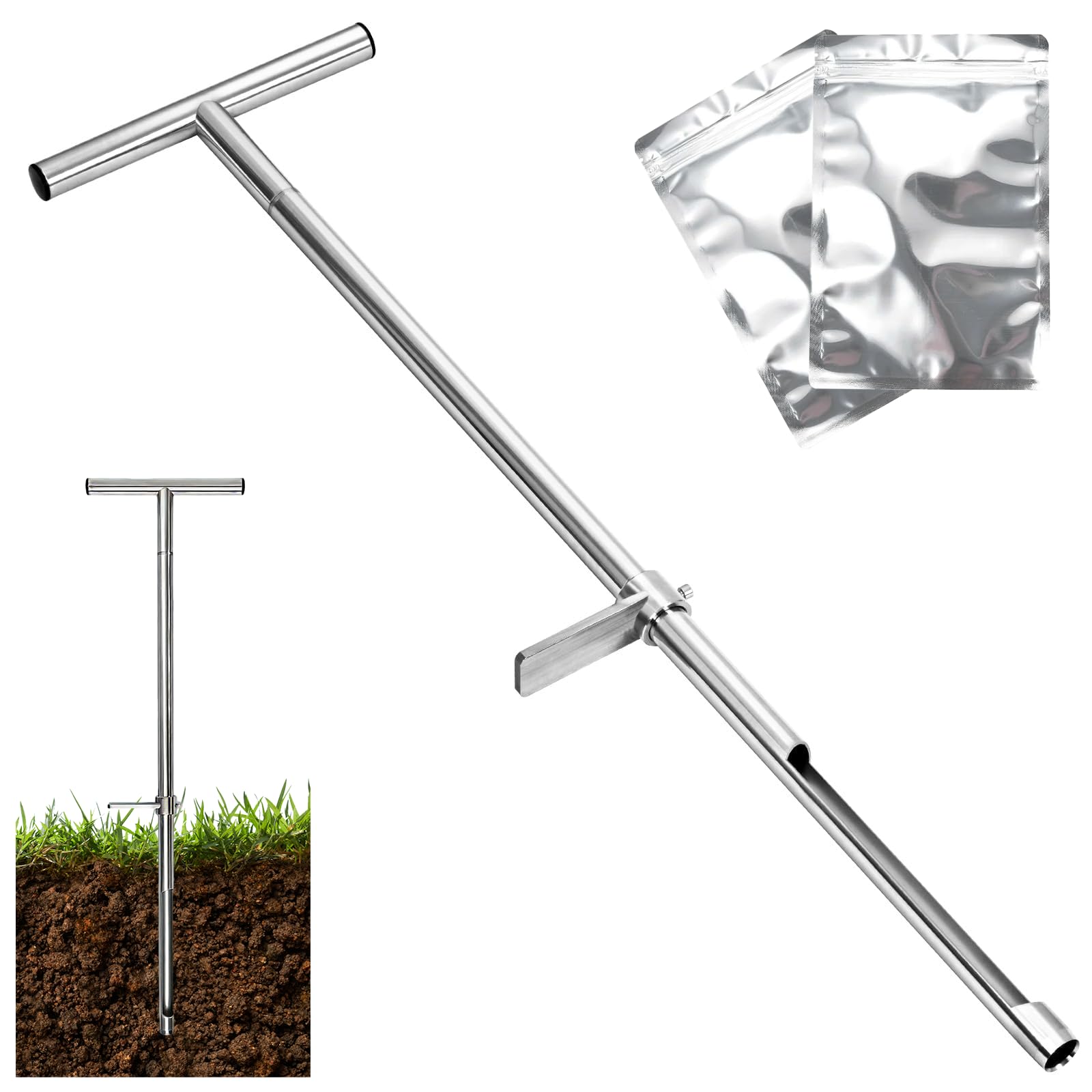 Sondes pour Échantillons de Sol, Sonde D'échantillonneur de Sol en Acier Inoxydable 304 Poignée Style T Kits de Test avec 2 Sacs d'Échantillons pour Pelouse Ferme Jardin