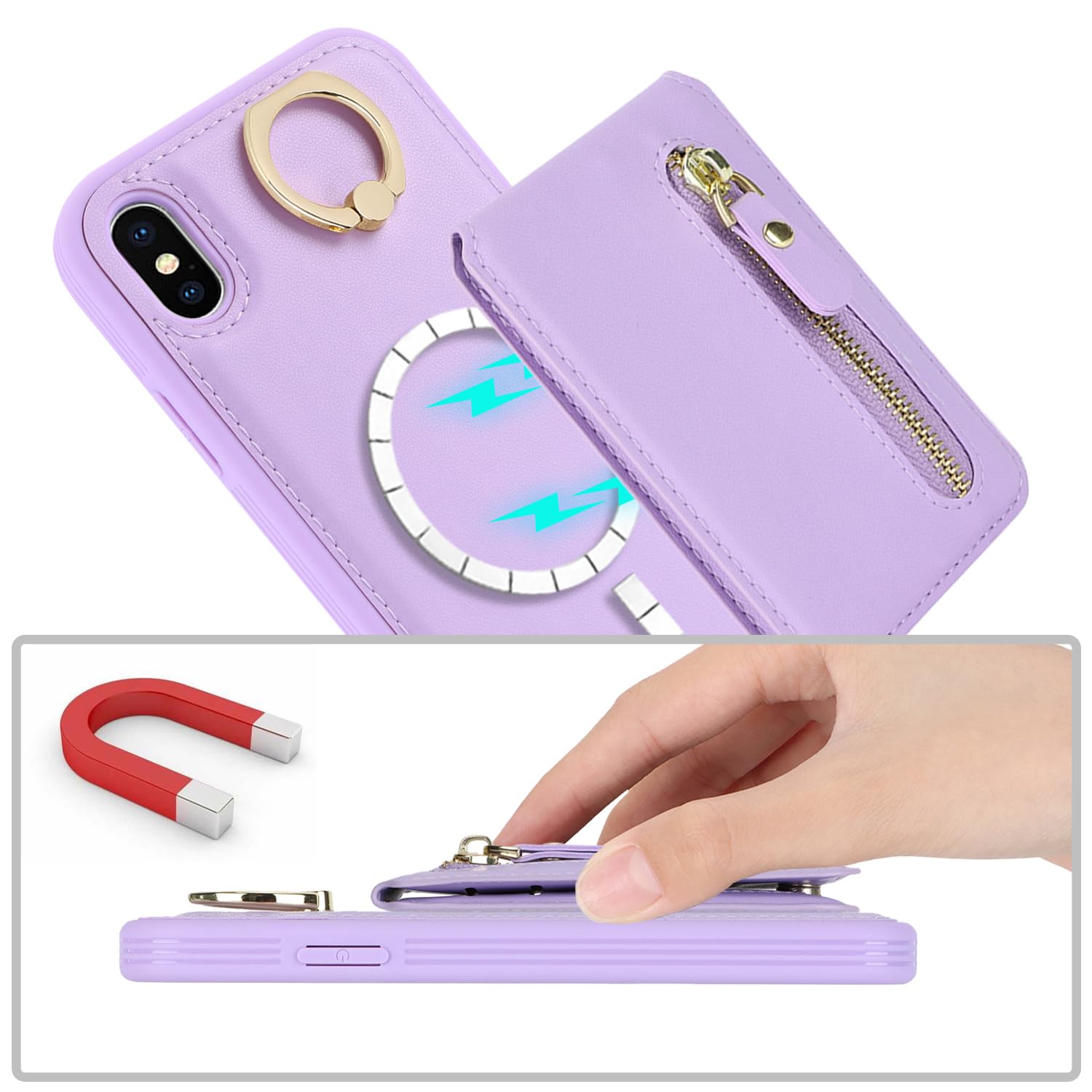 SailorTech iPhone X/XS Case with Card Holder, Ring Stand, Kickstand, Wallet - Purple - Image 3