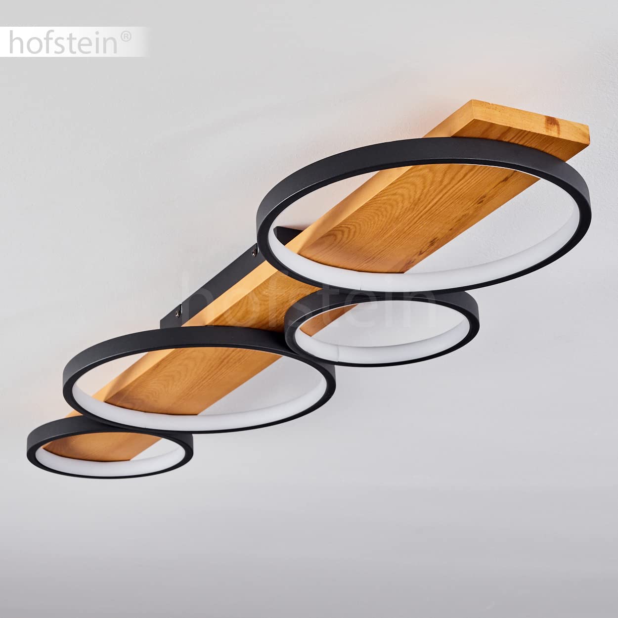 HOFSTEIN LED Deckenleuchte Rodekro, dimmbare Deckenlampe aus Metall/Holz in Schwarz/Natur, dimmbar über Lichtschalter, moderne Leuchte mit Holzbalken, 44 Watt, 3000 Kelvin, 5100 Lumen, Wohnzimmer