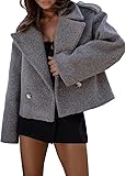 Cropped Trench Coat for Women Fall Winter Blazers Jackets Wool Coats Double Breasted Lapel Collar Fashion Sweater (Grey,Medium)