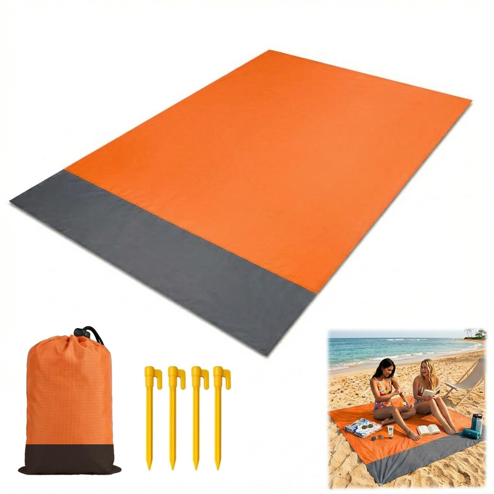 Snugcore Beach Blanket Waterproof Sandproof, Large Picnic Blanket 200 * 210cm for 3-4 Adults, Lightweight Beach Mat with 4 Stakes, Outdoor Essentials for Travel Camping Hiking (Orange)