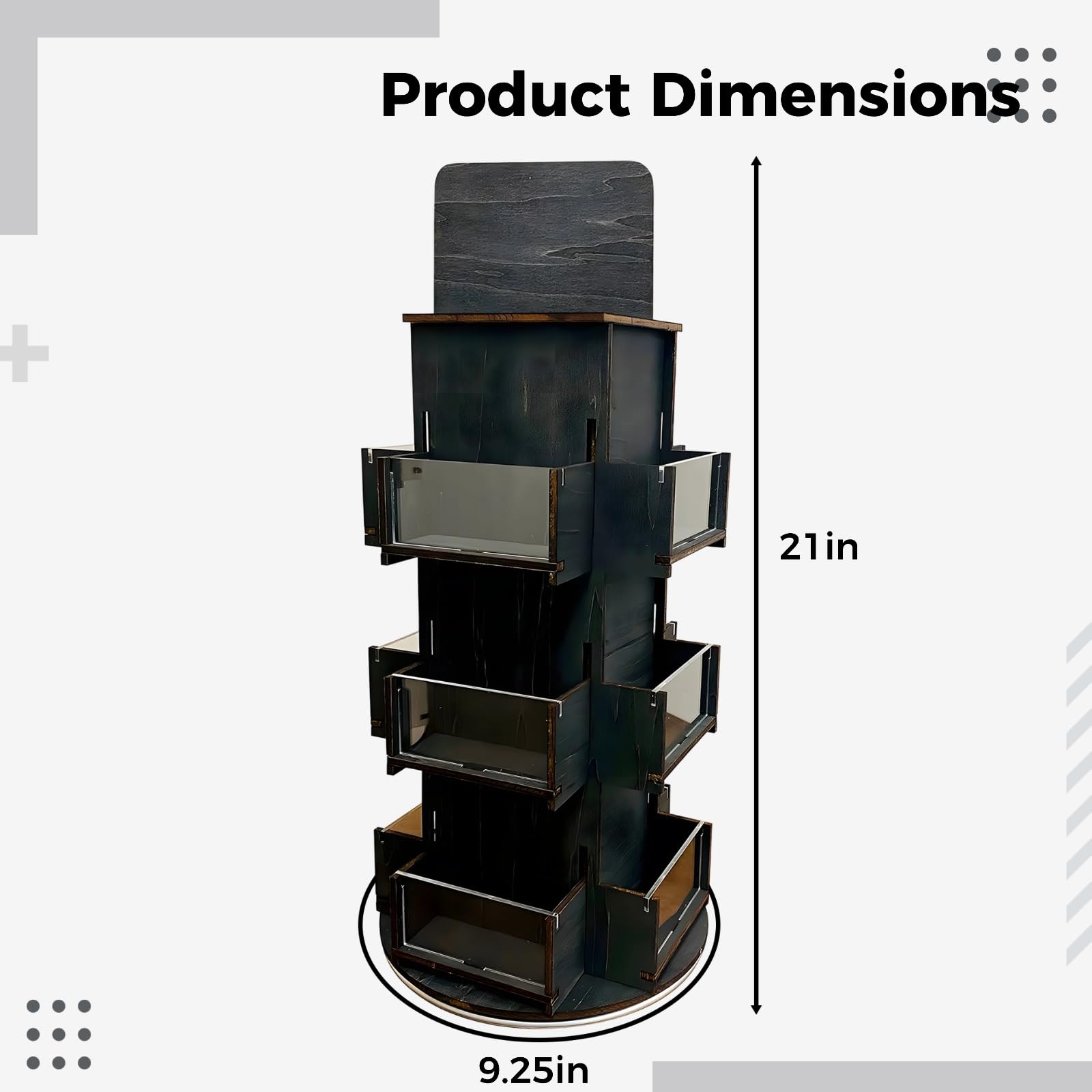 Scaffale organizer da banco in legno nero, espositore girevole a 3 livelli per venditori, espositore per adesivi alto 53,3 cm, diametro 23,6 cm, facile da montare