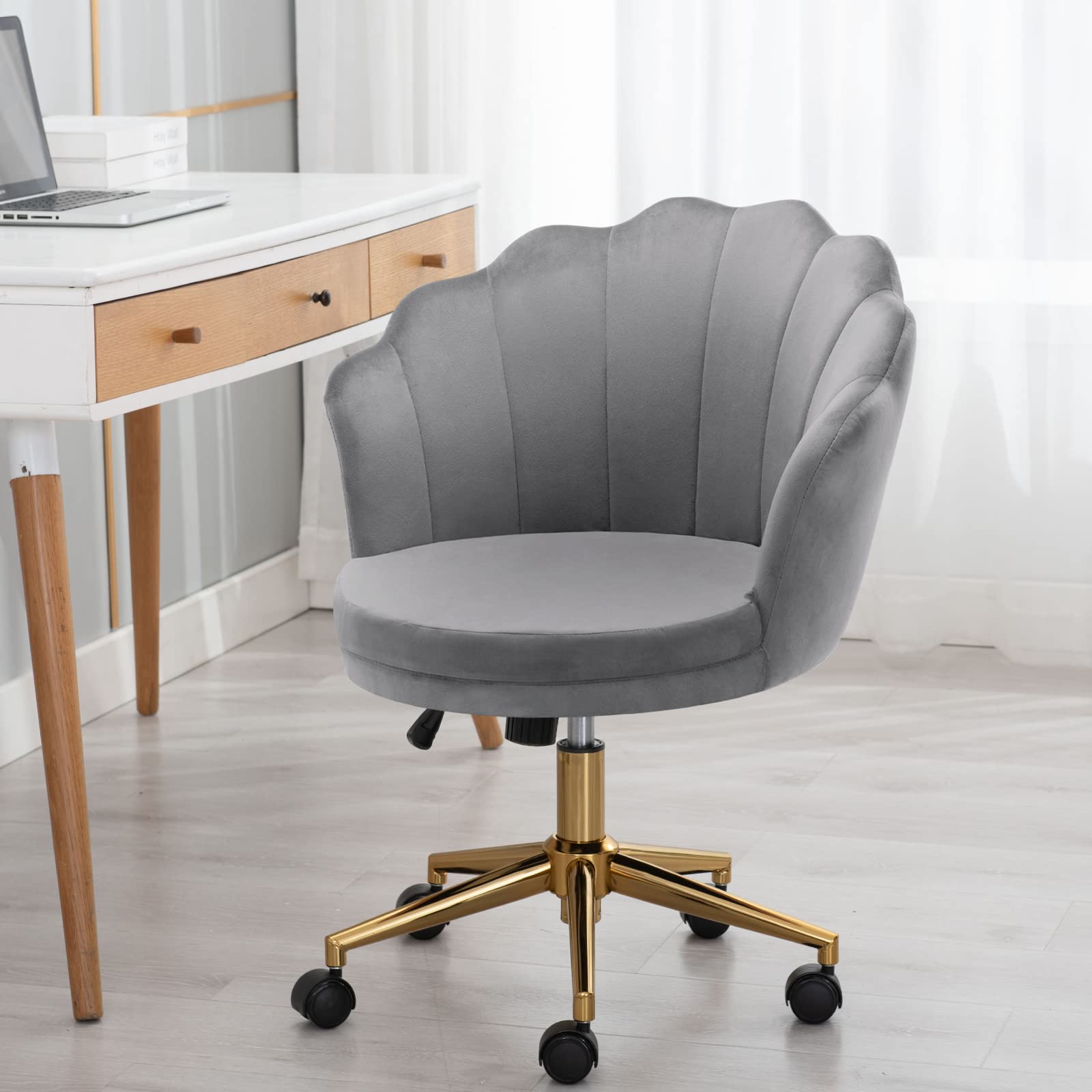 FurnilivingVelvet Vanity Chair Task Chair Thick Cushion Home Office Upholstered Makeup Adjustable Swivel Chair Seashell Back Roller Chair with Metal Legs for Bedroom Vanity Room (Grey)