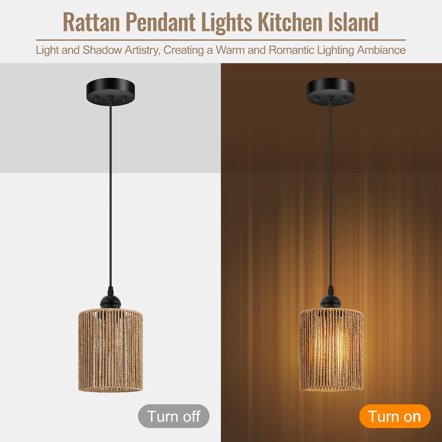 BoostArea 2 Pack Rattan Pendant Lights Kitchen Island, Farmhouse Chandelier with Handwoven Wicker Shade, Adjustable Height Boho Hanging Light for Kitchen Island/Dining Room/Bedroom/Hallway, No Bulb