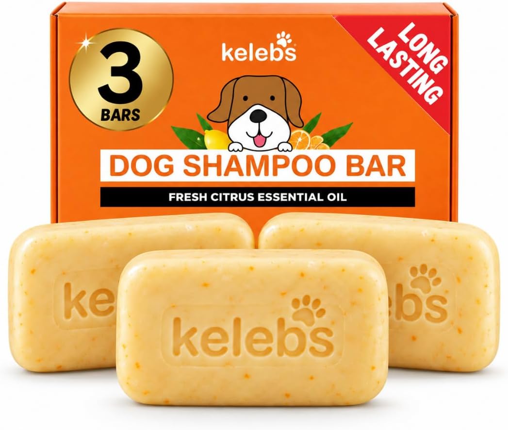 KELEBS Shampoo Soap for Dogs Anti Itching, Flea and Parasites, Anti Allergies, Bad Smell, Calming and Anti Stress with Lavender Oil and Oatmeal, No Plastic, 3 Pieces