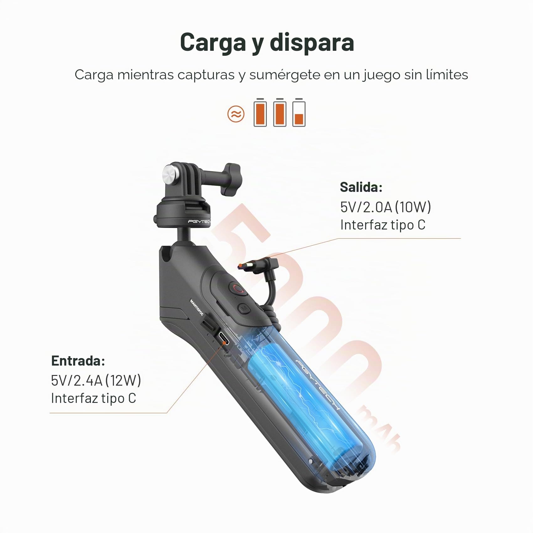 PGYTECH CapLock MantisPod Power, Empuñadura Batería para Insta360 5000mAh | Power Stick y Trípode de Carga Vlog con Adaptador 1/4, Cuatro Modos Principales de Grabación, Sistema de Liberación Rápida
