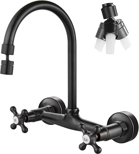 Vista 62 de Airuida Grifo de cocina de montaje en pared con rociador, grifo de fregadero de cocina montado en la pared, asas dobles cruzadas, boquilla giratoria