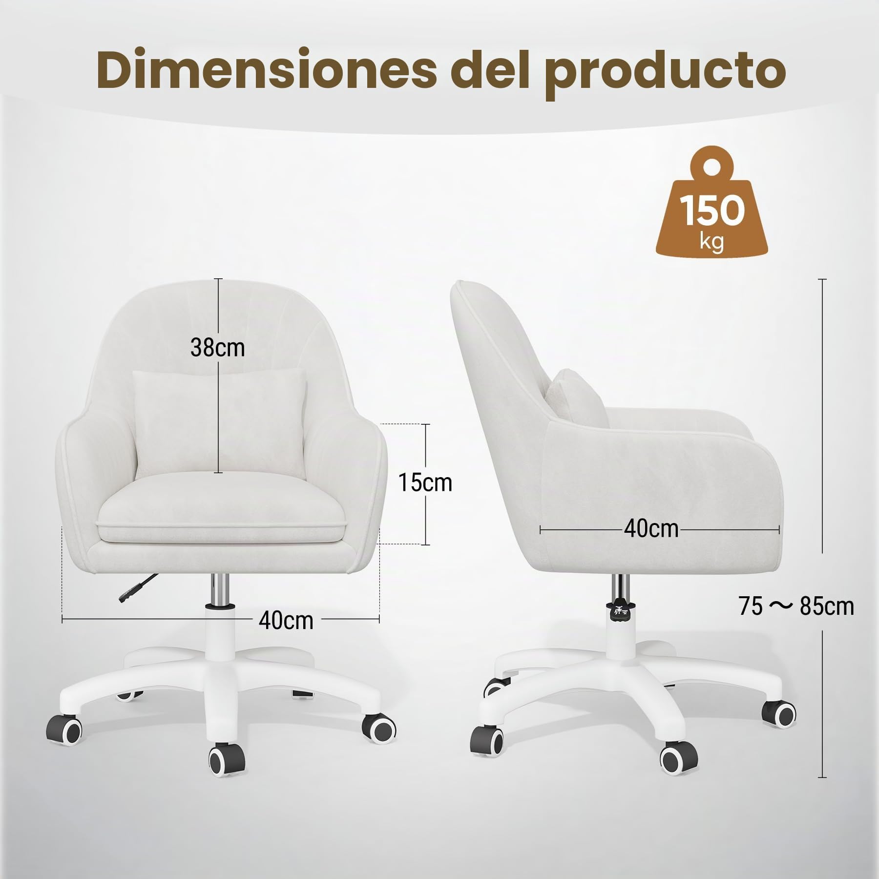 Oficina para teletrabajo, Silla de Terciopelo con reposacabezas, Altura Regulable, Silla de Oficina ergonómica, Silla giratoria para maquillarse, para Dormitorio, hasta 120 kg, Color Blanco