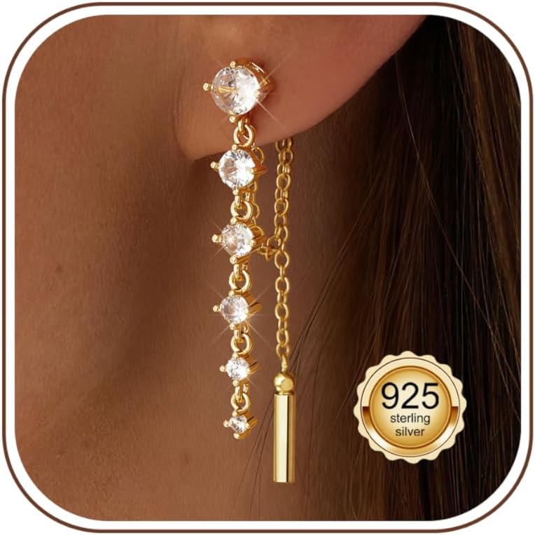 925 Sterling Silver Dangle Drop Earrings for Women Long Chain Earrings 14K Gold Plated Double Chain Dangle Earring Studs Hypoallergenic Pearl Bar CZ Wedding Gold Dangly Earring Lightweight