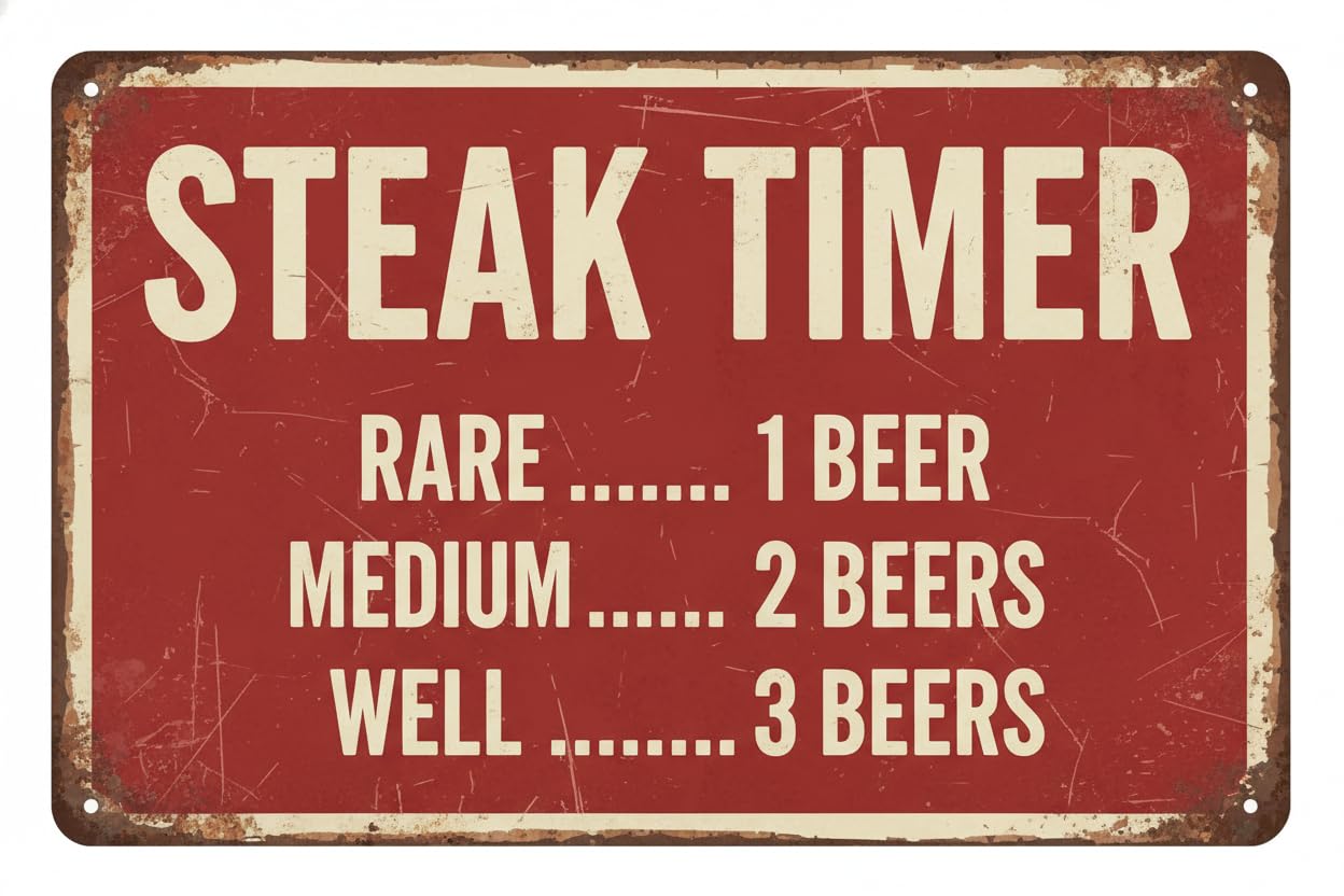 Vintage Metal Tin Sign Funny Beer Sign Steak Timer - Metal BBQ Rules Sign, Outdoor Tin Signs For Patio, Kitchen, Pub, Man Cave, Tiki Bar Decor 12X8 Inch Aluminum Custom Private Property Signs Outdoor