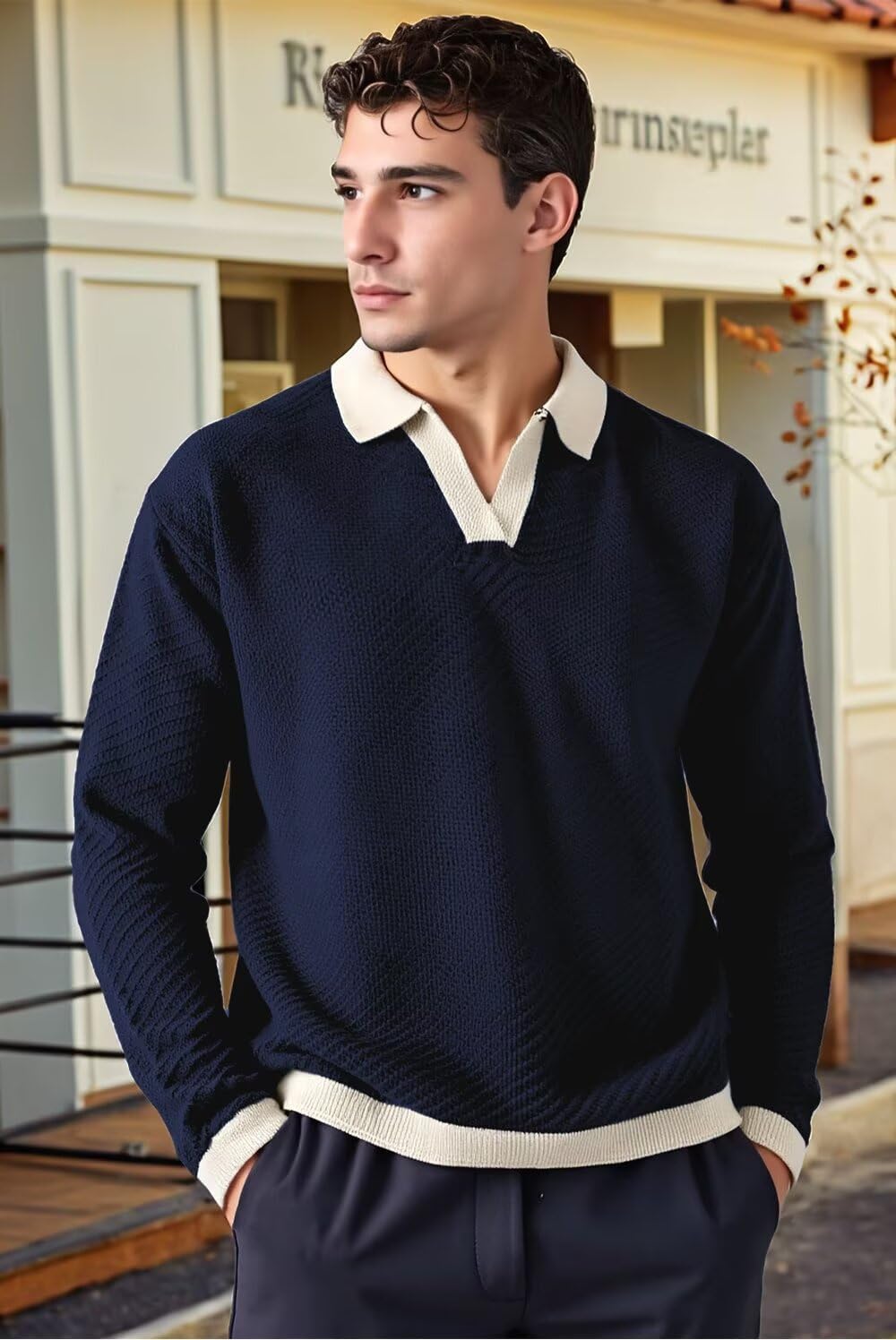BAYAMO Mens Polo Sweater V Neck Long Sleeve Pullover Sweater Casual Knit Textured Sweater Navy M - Image 4