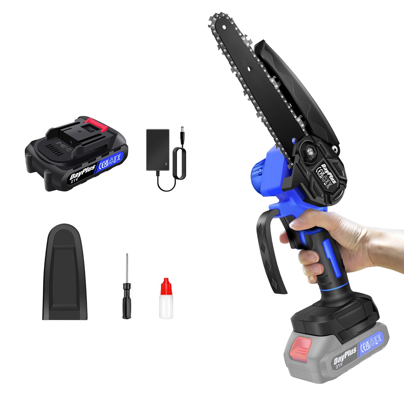 Tronçonneuse électrique super puissante et scie à bois à batterie avec aiguiseur - Outil de jardin avec une batterie Li-Ion et 2 chaînes, 2200W, longueur de la plaque de guidage de 15,2 cm