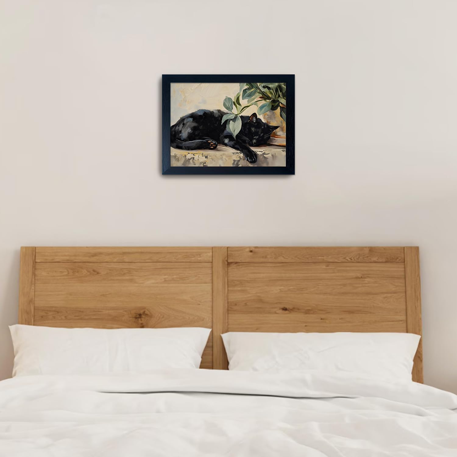 Framed Black Cat Picture Wall Decor Cute Sleeping Cat Wall Art Neutral Plant Wall Decor Pet Print Poster Artworks for Bedroom