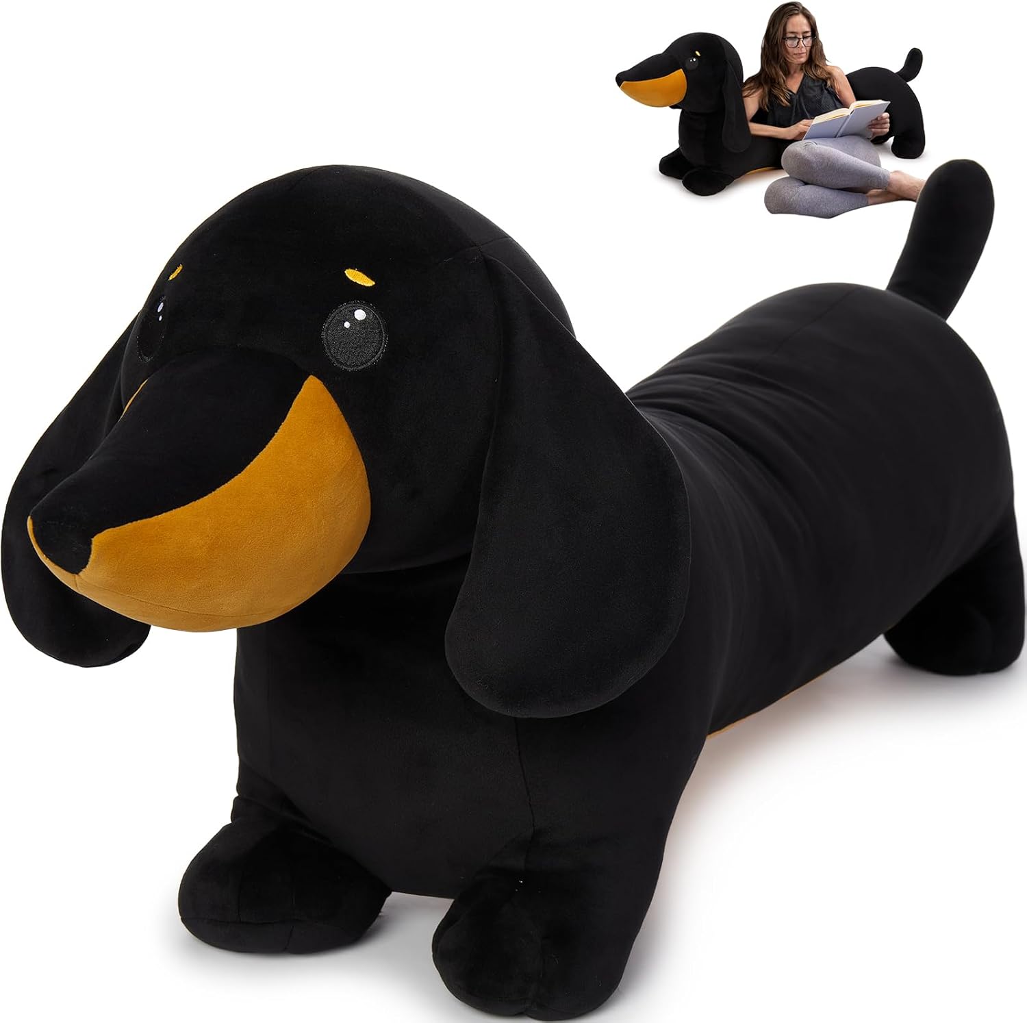 MorisMos Dachshund Stuffed Animal Plush 4ft, 43'' Long Weiner Dog Body Pillow for Kids Adults, Lifelike Weiner Dog Toy Designed in NYC, Realistic Black Dachshund Gift for Girl Boy Toddler Women