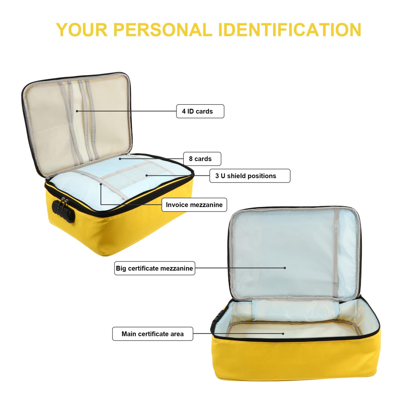 Healvian Pouch Documenti Capiente Multifunzione con Doppia Zip e Lucchetto | Tessuto Cationico Giallo, Tasche Multiple Ordinate, Facile da Sollevare per Viaggio e Carte