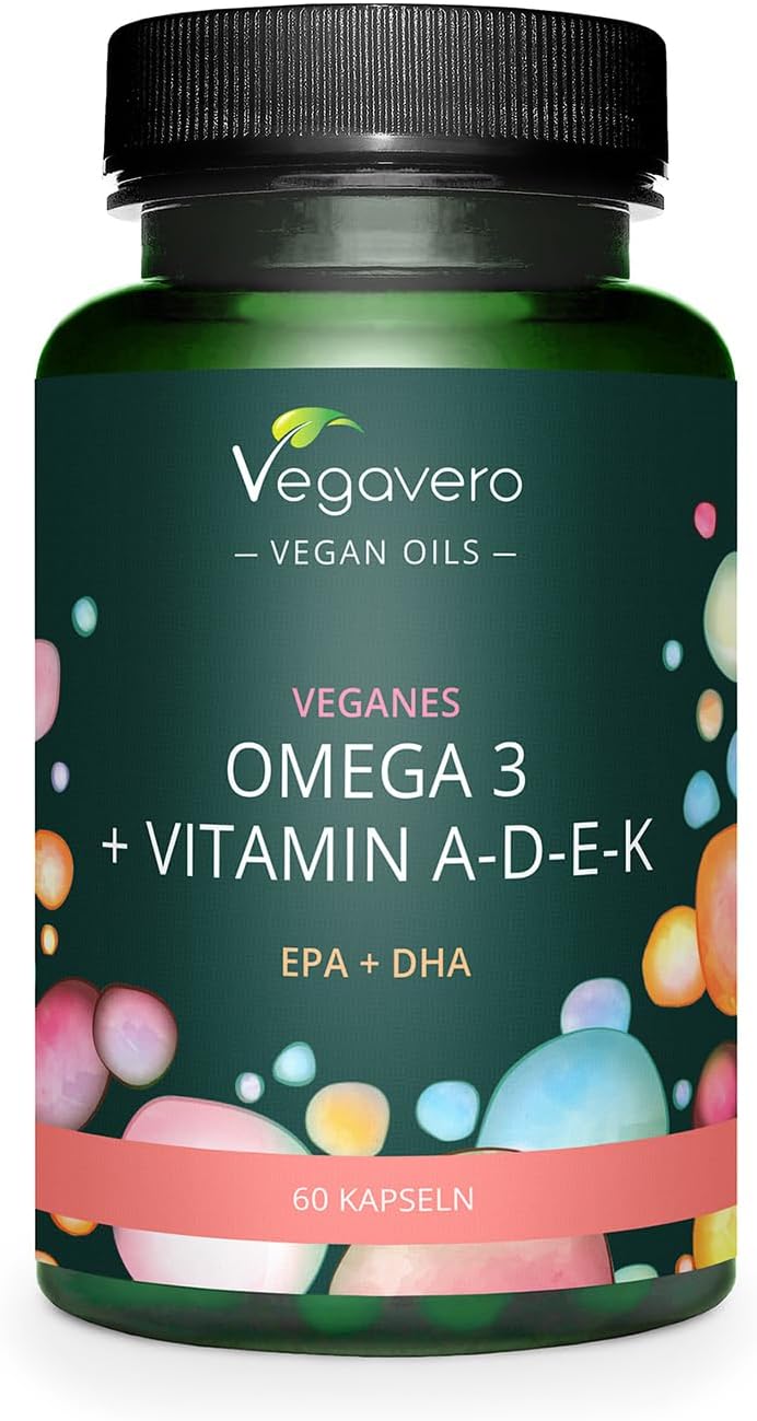 Vegan Omega 3 + ADEK Vitamins | NO Additives | 60 Capsules | Algae Oil DHA & EPA | Lab-Tested