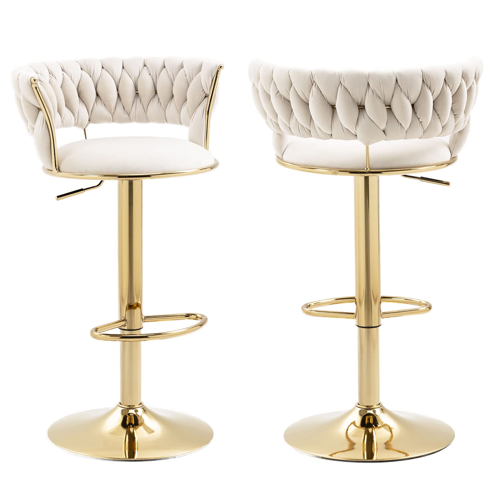 KIVENJAJA Velvet Woven Bar Stools Set of 2, Modern Height Adjustable Swivel Barstools Counter Chairs with Back & Gold Metal Base for Pub, Kitchen, Cafe (Ivory) ( only 1 barstool)