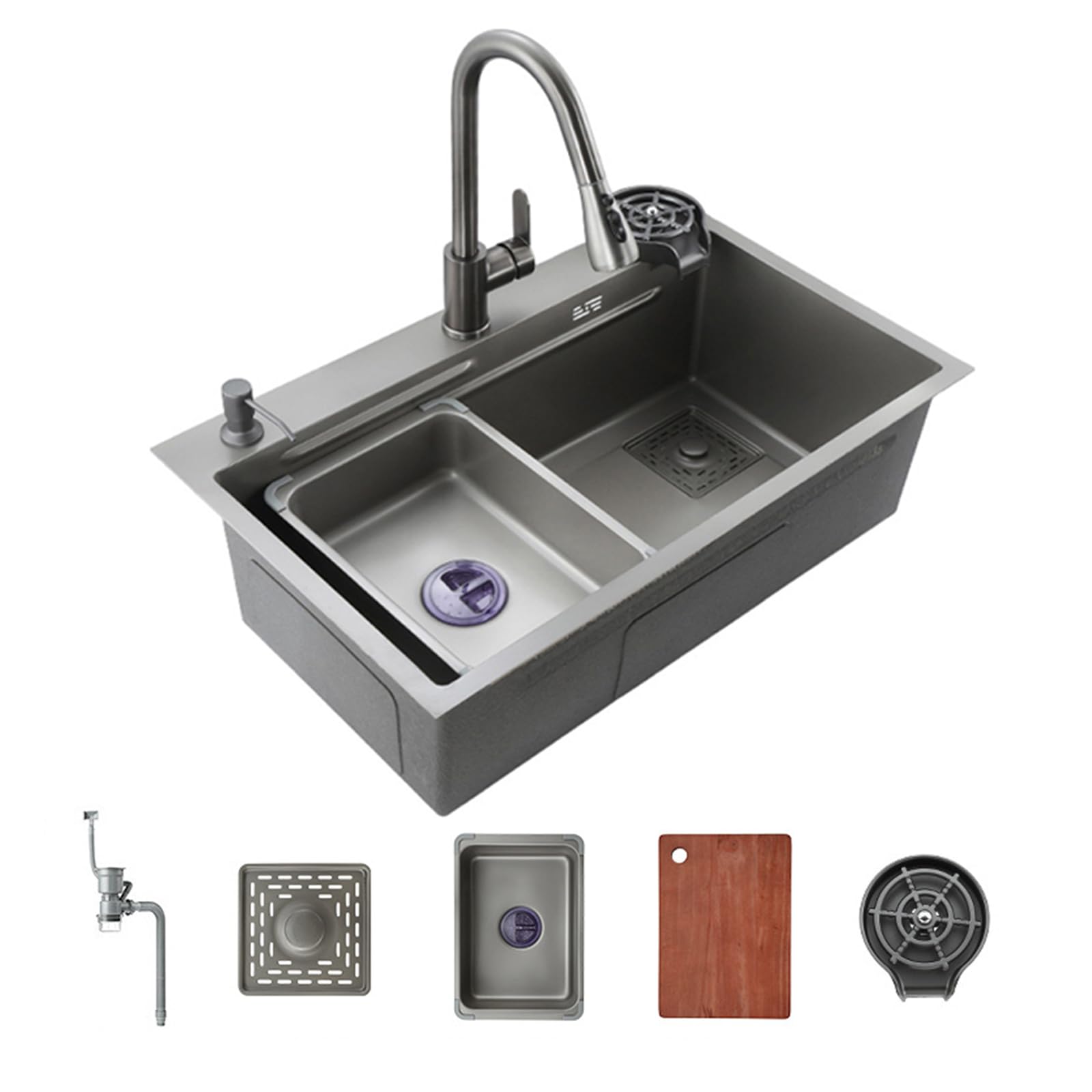 Lavello Da Cucina In Acciaio Inox Nero Con Rubinetto Cascata - Doppia Vasca, Kit Scarico Incluso