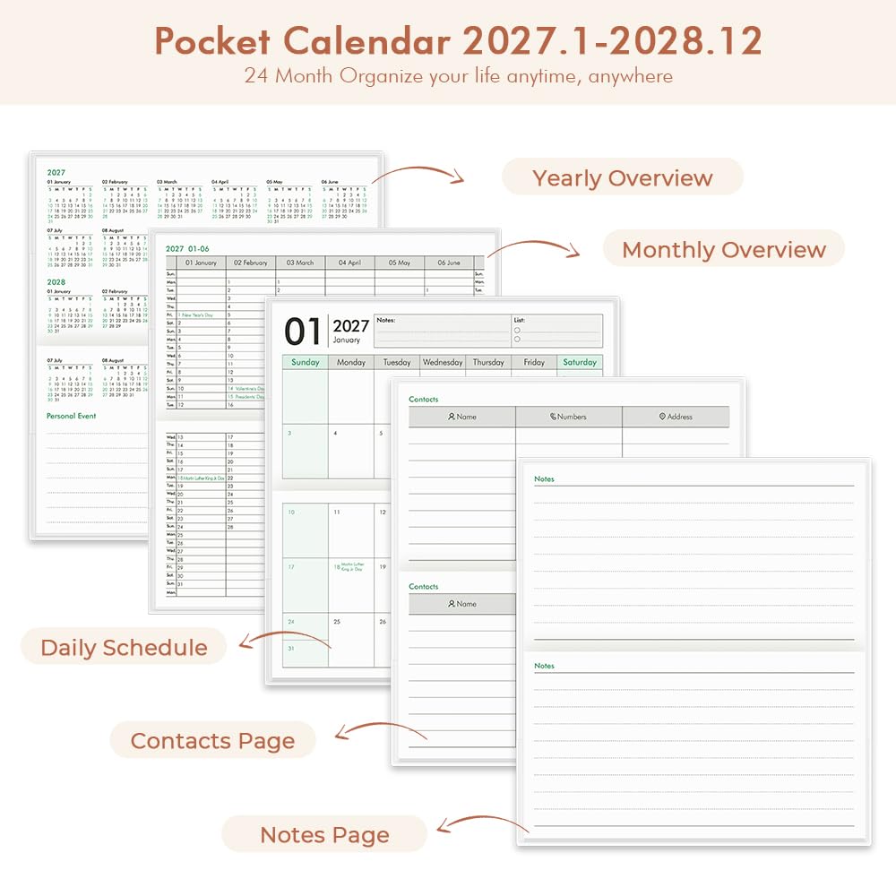 Kalendarz kieszonkowy 2026-2027 do torebki, mały planer kieszonkowy 2026-2027, do torebki, 8 x 15 cm, organizer na 24 miesiące, od stycznia 2026 do grudnia 2027 r., mini planer z osłoną PCW do