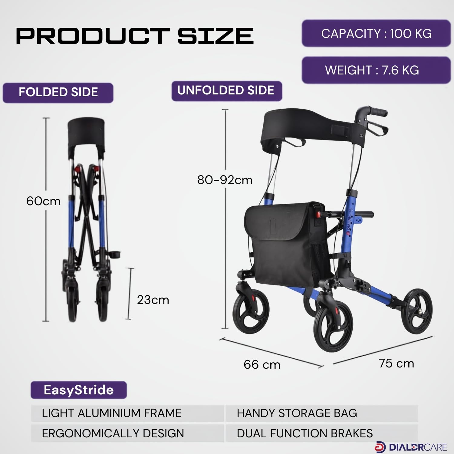 DIALDRCARE Aluminium 4 wheel Ultra Folding Rollator Walker with Carry Bag MedicalTransport Chair Suitable for the Elderly Seniors