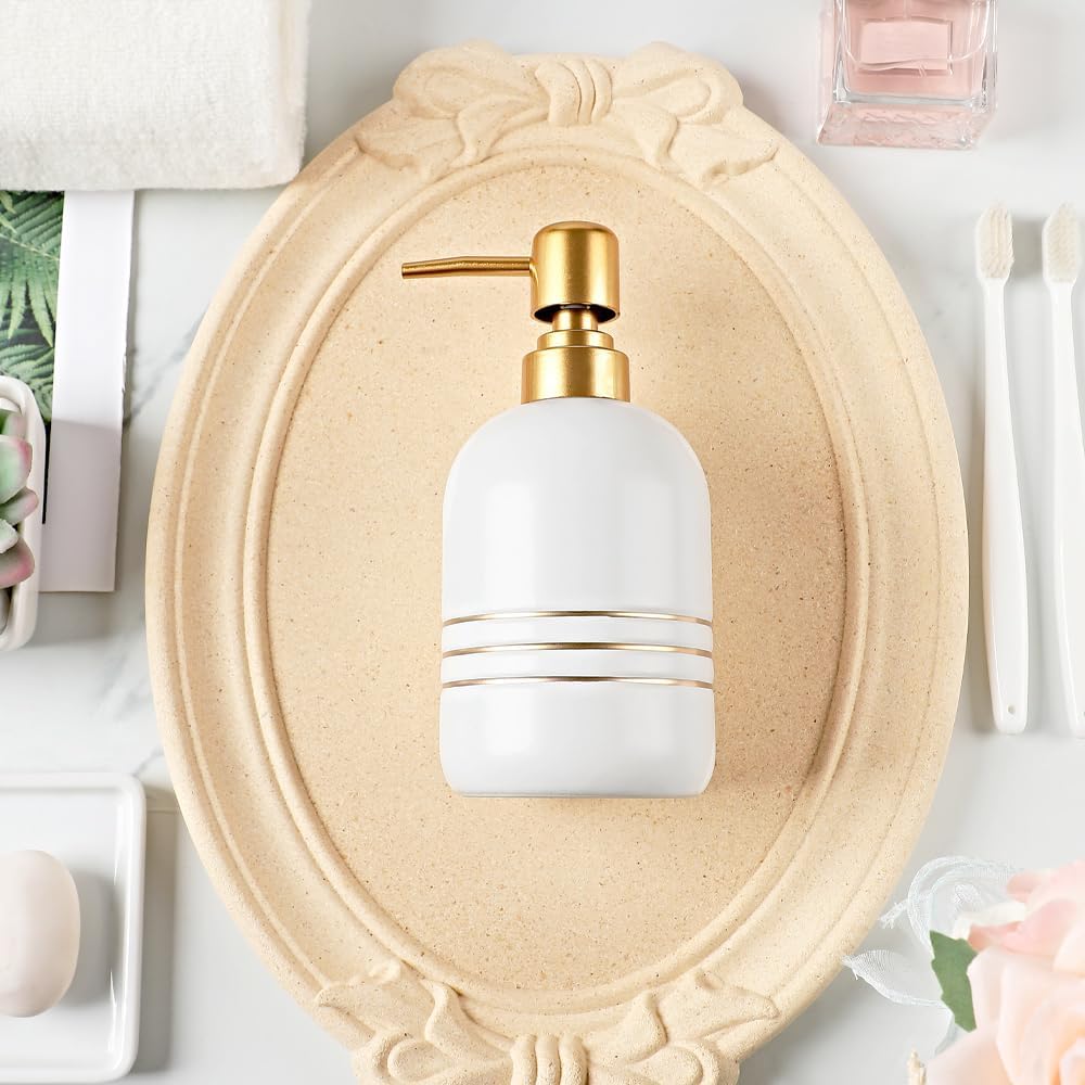 Elegant Cylinder-Shaped Soap Dispenser, Matte Ceramic Bottle Designed with Simple Golden Lines(White) - Image 5