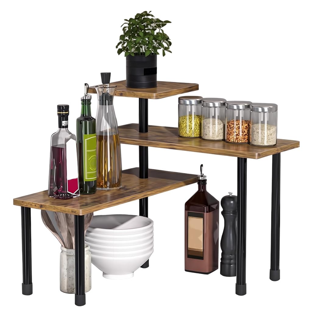 HASTHIP® 3 Tier Corner Organizer Countertop Organizer Stepped Wooden Storage Shelf Modern Minimalist Table Rack Space Saver Storage Shelf for Ornaments, Toiletries, Kitchen & Bathroom-image-41