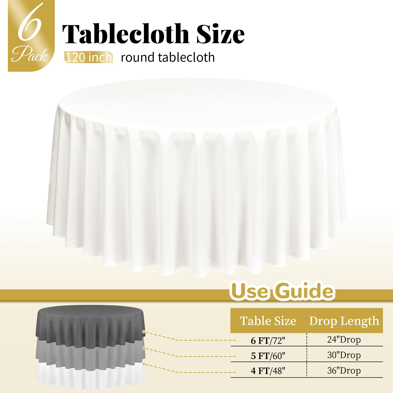 6 Packung Elfenbeinfarbene runde Tischdecken, 305 cm, runde Tischdecke, waschbar und wiederverwendbar, Flecken und knitterfrei, Polyesterstoff für Hochzeit Party Bankett Camping Restaurant Dekoration