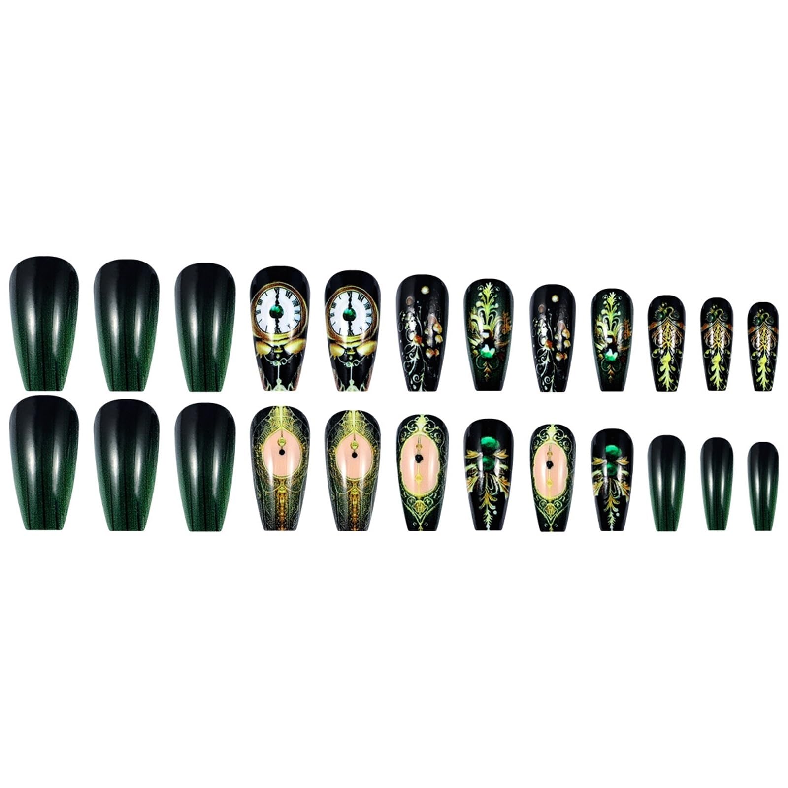 Uñas postizas con diseño de Reloj Vintage, Degradado, Verde, Negro, cuadradas, largas, Cobertura Completa, Esmalte de uñas for Mujer, 24 Unidades